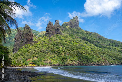 Принти на полотні Hatiheu Bay and Beach, Nuku Hiva, French Polynesia, with lush cliffs