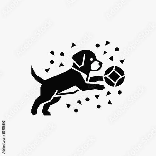 Black and white minimalist vector illustration of a playful puppy dog jumping and catching a tennis ball surrounded by geometric confetti triangles and circles on a white background.