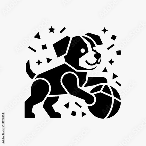 Black and white vector silhouette of a playful puppy dog pushing a ball, surrounded by decorative geometric confetti shapes like stars and triangles, isolated on a white background.