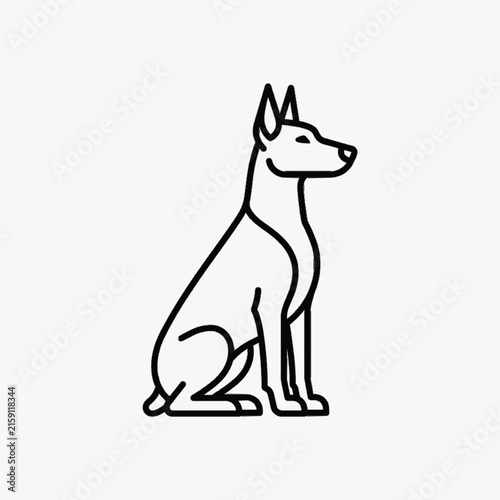 Minimalist black line art vector illustration of a sitting Doberman Pinscher dog in profile view. Clean modern graphic icon design isolated on a white background for web or print.