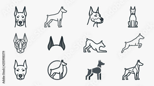 Collection of Doberman Pinscher dog icons featuring various poses including standing, jumping, and stretching with minimalist line art, geometric patterns, and solid silhouettes.