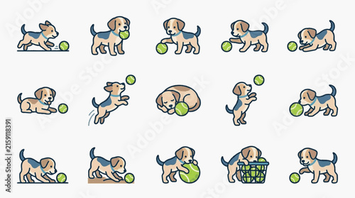 Cute beagle puppy vector illustration collection featuring various poses like chasing, jumping, sleeping, and playing with a green tennis ball on a white background.