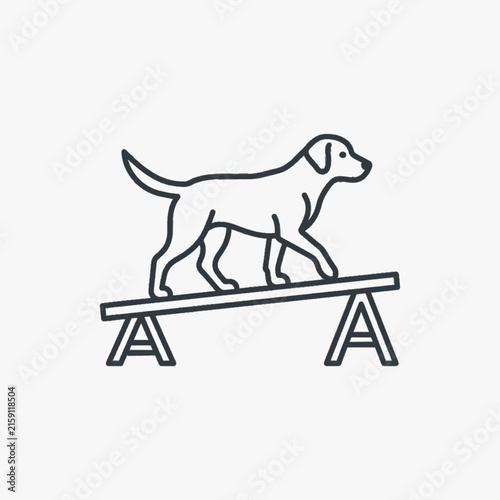Minimalist black line art vector illustration of a Labrador Retriever walking across a wooden agility ramp or dog park seesaw obstacle, isolated on a white background.