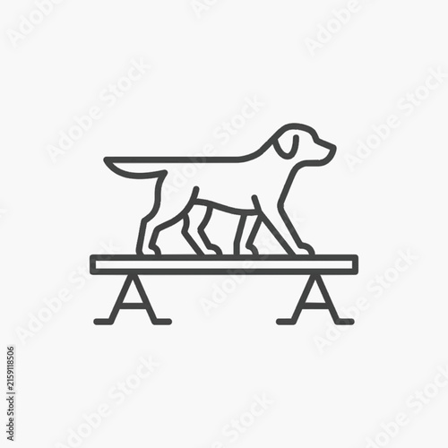 Minimalist black line art illustration of a dog walking across a balance beam agility obstacle. Vector icon of a retriever performing athletic training on a clean white background.