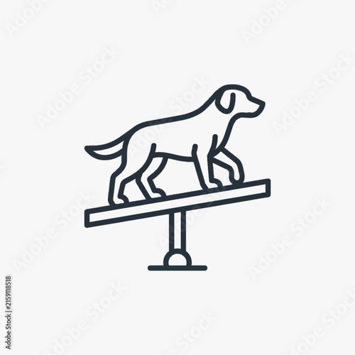 Minimalist line art icon of a dog walking on a seesaw agility obstacle. Simple black outline vector graphic isolated on white background for pet training and canine sport concepts.