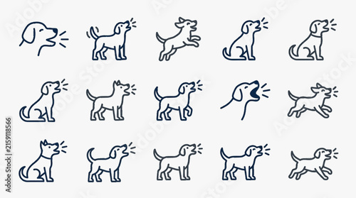 Set of 15 minimalist vector line icons featuring various dog breeds barking, jumping, and running. High-quality outline illustrations of canine behavior and domestic pets on white.