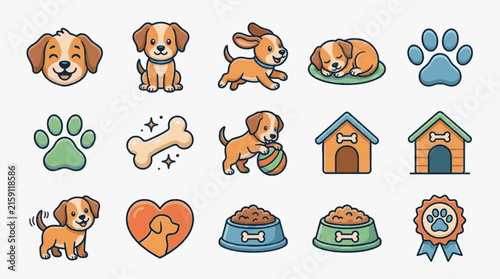 Collection of cute cartoon puppy illustrations and pet icons including dog faces, a sitting puppy, running dog, sleeping pet, paw prints, bones, food bowls, dog houses, and an award ribbon.