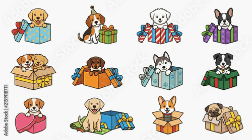 Set of twelve cute cartoon puppy illustrations in various colorful gift boxes including Golden Retriever, Beagle, Husky, and Pug breeds. Decorative holiday and birthday gift elements.