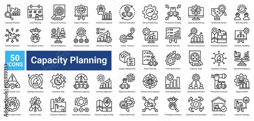 Capacity Analysis icon set containing Load Planning, Resource Forecast, Workforce Capacity, Production Scaling, Demand Forecasting, and more to visualize optimization, efficiency, and growth strategy.