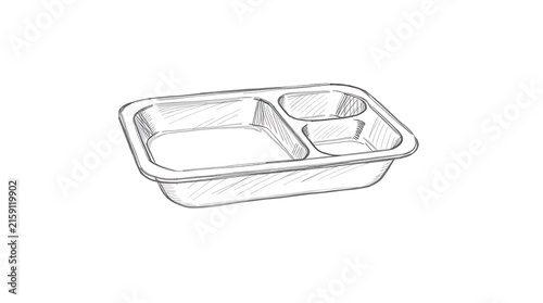A hand-drawn illustration of a stainless steel food tray with dividers placed on a white background.
