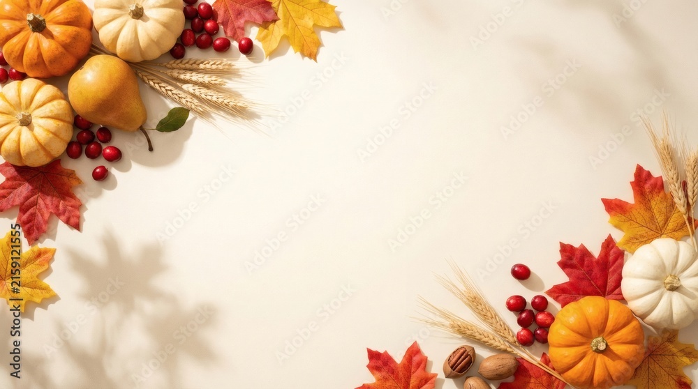 Fototapeta premium Autumn Harvest Flat Lay with Pumpkins, Cranberries, and Maple Leaves on Beige