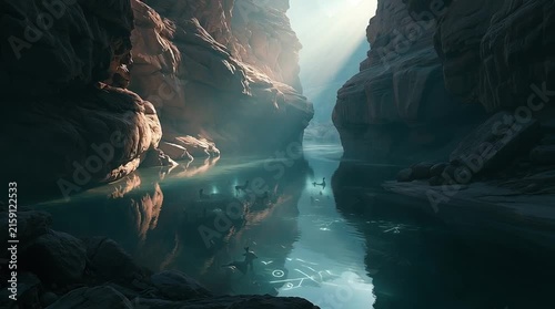 Majestic river flowing through an ancient canyon, its water reflecting visions of possible futures instead of the surrounding landscape, with subtle glowing symbols beneath the surface.