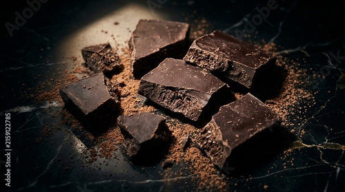 Dark chocolate chunks and cocoa powder pieces rest on a black marble table in dramatic studio light for a gourmet dessert concept