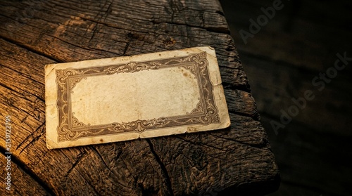 Vintage Paper Mockup blank antique frame sits on rustic weathered wood table in dramatic low light for nostalgic creative design