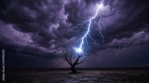 Lightning bolt and thunderstorm strike a lone dead tree in a dark desert field during a dramatic nocturnal weather event with purple clouds