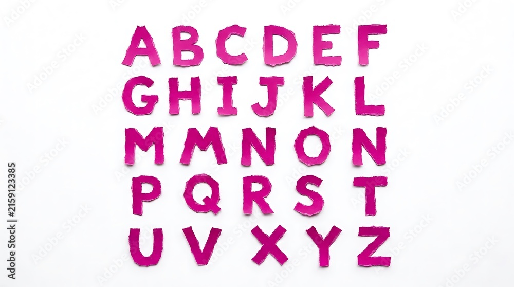 Obraz premium Bright pink paper alphabet letters arranged neatly on white surface background