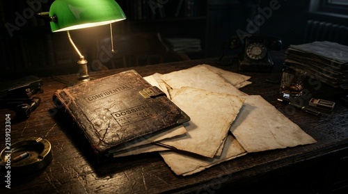 Confidential dossier and vintage files rest on a wooden detective desk under a green lamp in a dark noir office interior