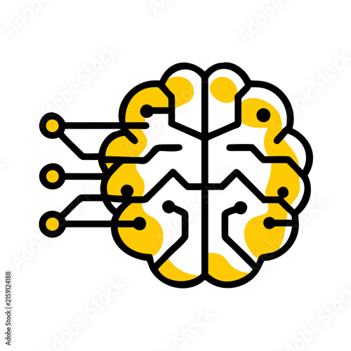 Artificial intelligence brain icon with digital circuit lines and yellow nodes