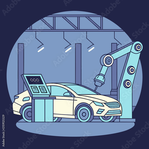 Automated car manufacturing assembly line robot welding vehicle frame