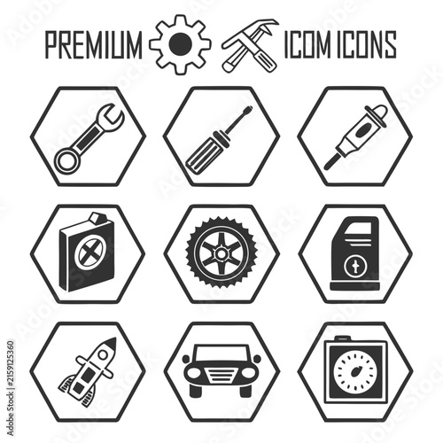 Premium automotive mechanic icons in hexagonal shapes vector illustration