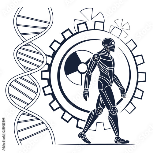 Futuristic cyborg walking past DNA strand and mechanical gear laboratory