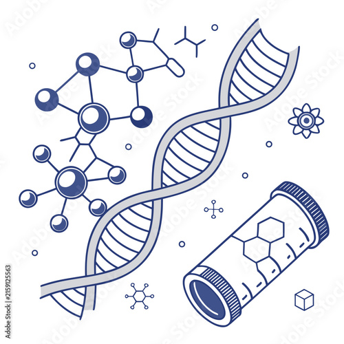 Medical pills bottle DNA strand and molecular structures scientific graphic