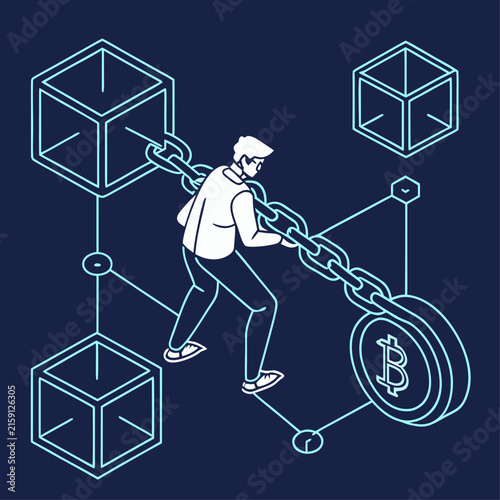 Blockchain concept illustration showing person pulling chain connected to blocks