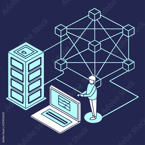 Server network security data analysis isometric illustration concept