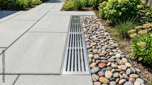Modern stone pathway with metal drainage grate and river rocks.