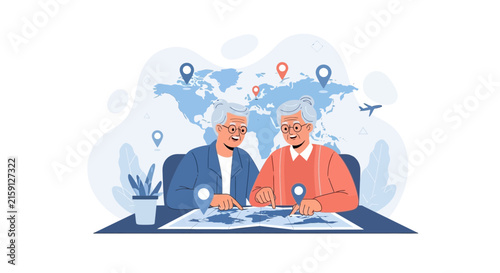 Elderly Couple Planning a World Trip Using a Map with Location Pins