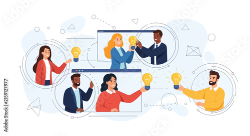 Diverse team collaborating on ideas during a remote video conference, sharing lightbulb moments.