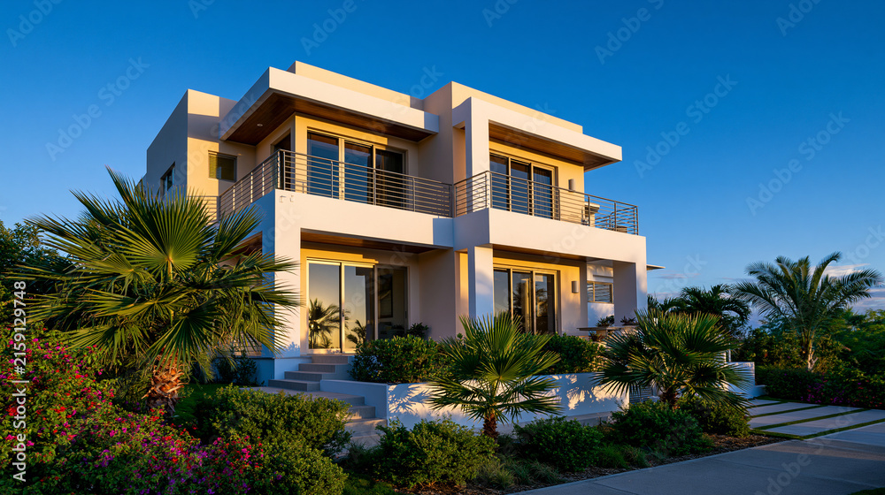 Fototapeta premium A luxury modern two-story villa glows under the golden light of dusk surrounded by tropical palm trees. Perfect for real estate and vacation rental marketing.