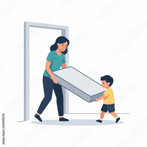 Happy mother and son moving a bed mattress through a door during relocation