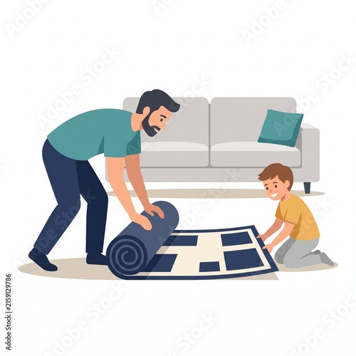 Happy father and son rolling a patterned carpet in the living room together illustration