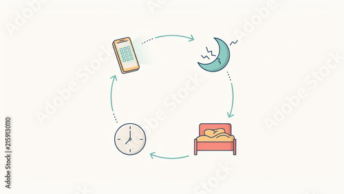Digital technology impacting human sleep cycle infographic showing daily routine disruption patterns minimalist vector illustration with clock connected arrows clean background