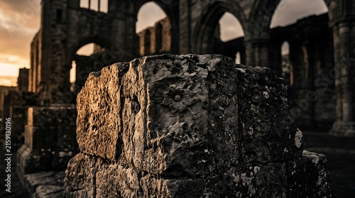 Ancient stone ruins with overgrown vegetation at dusk.