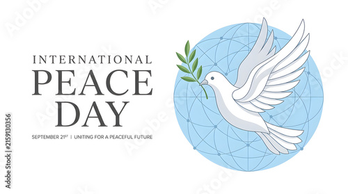 International peace day greeting card design featuring a white dove holding an olive branch against