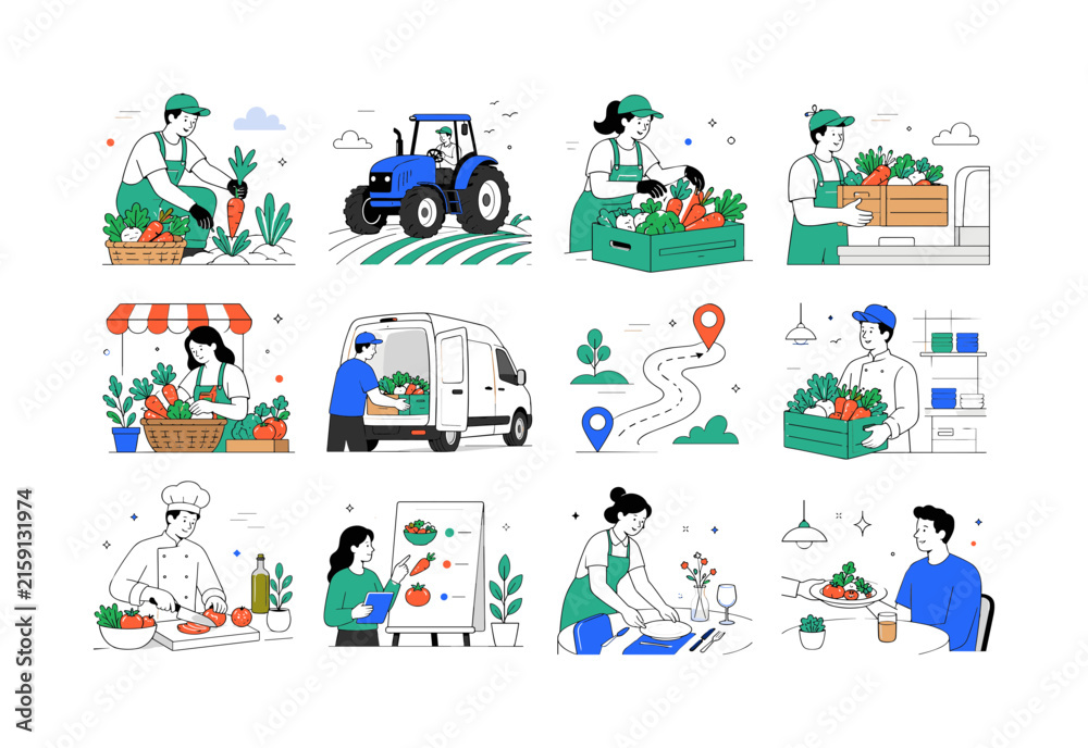 Fototapeta premium Farm To Table Journey. Farming, harvesting, market packing, local delivery, restaurant preparation, menu creation, and fresh dining. 12 minimalist editorial vector scenes: farmer harvests vegetables,
