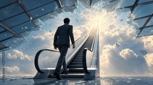 Businessman walking up an escalator towards a bright heavenly sky.