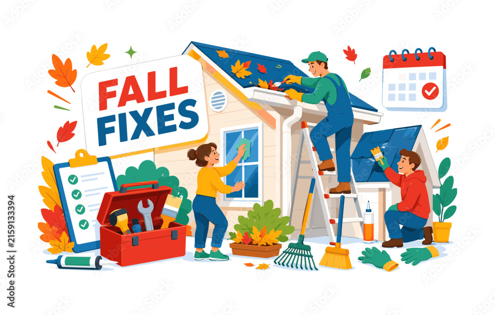 Naklejka premium Autumn Home Maintenance Checklist banner featuring two homeowners repairing an oversized house while a technician works on a large gutter and ladder; toolbox, rake, window, roof panel, sealant,