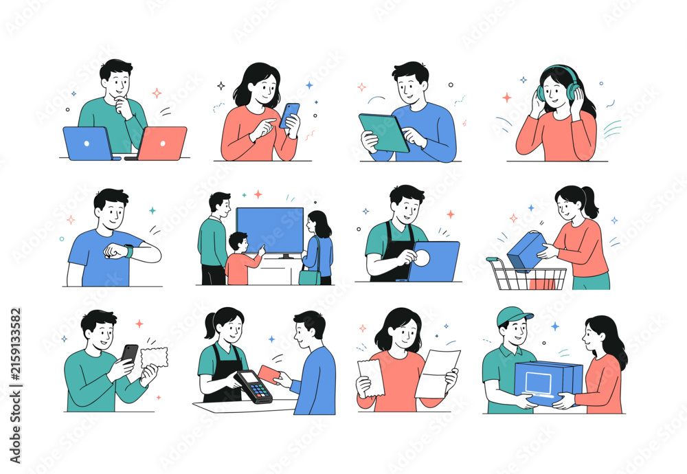 Fototapeta premium Electronics Clearance Event. Discount technology shopping, device comparison, checkout, coupons, delivery, and warranties. 12 minimalist editorial vector scenes: shopper compares two laptops, customer