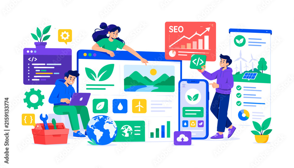 Naklejka premium Eco Website Development — bright colorful flat vector banner, 3 expressive stylized characters building an oversized responsive website with coding window, mobile app, SEO chart, presentation panel,