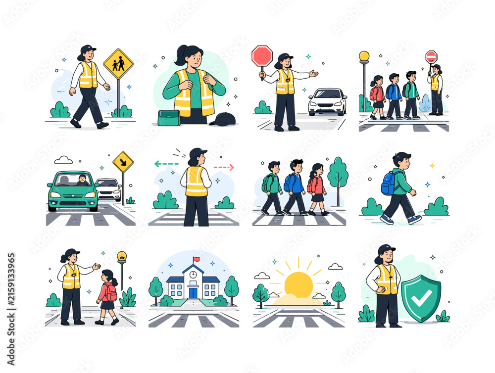 Fototapeta premium School Crossing Guard. Crosswalks, stop signs, children, school zones, traffic control, safety vests, morning routines, pedestrian safety, education, and protection. 12 minimalist editorial vector