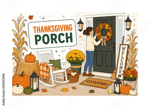 Thanksgiving Porch Decor. A clean editorial banner showing a homeowner decorating an oversized front door and wreath, with pumpkins, lanterns, doormat, corn stalks, hay bale, basket, rocking chair,