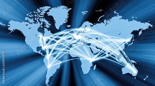 A cinematic world map highlights illuminated trade routes across the Atlantic Ocean. Glowing network lines link North America and Europe, symbolizing dynamic global trade.