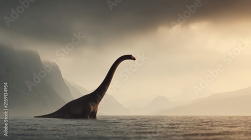 A majestic Elasmosaurus rises above foggy coastal waters at sunrise. This prehistoric marine reptile adds mystery to the ancient cliffs and ocean landscape.