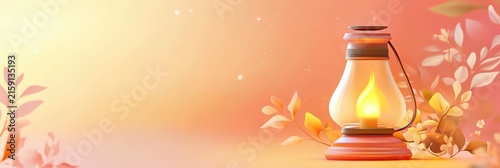 A glowing oil lamp sits on a pink-to-orange gradient with golden floral patterns. The bright flat design creates a festive, cheerful, and decorative atmosphere.