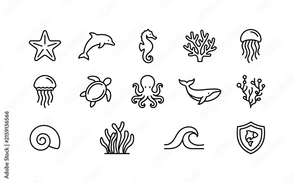 Obraz premium Marine Ecosystem Animals, line icon set featuring starfish, dolphin, seahorse, coral branch, jellyfish, sea turtle, octopus, whale, shell, reef plant, ocean wave and conservation shield, covering