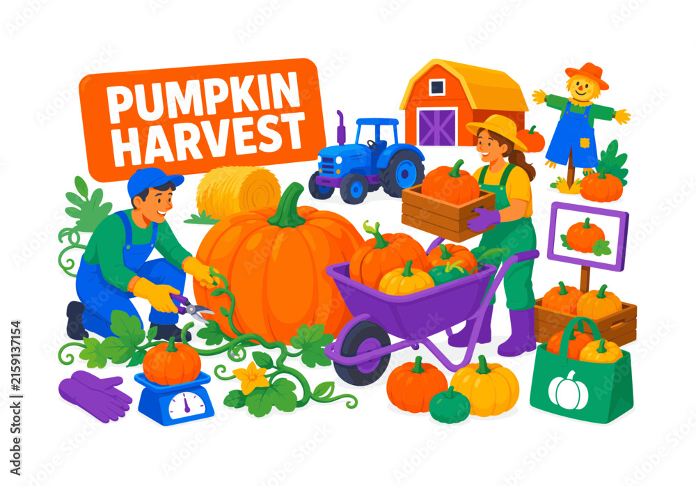 Fototapeta premium Pumpkin Harvest Season lively banner scene with two farmers gathering around an oversized pumpkin and giant wheelbarrow, one cuts vines while another loads a crate, tractor, barn, hay bale, gloves,