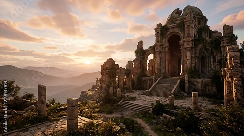Ancient stone temple ruins at golden hour.